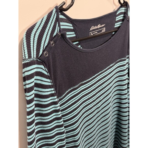 Y2K Eddie Bauer Striped Teal Thermal Long Sleeve Shirt Medium Outdoors Snaps M - Picture 3 of 10